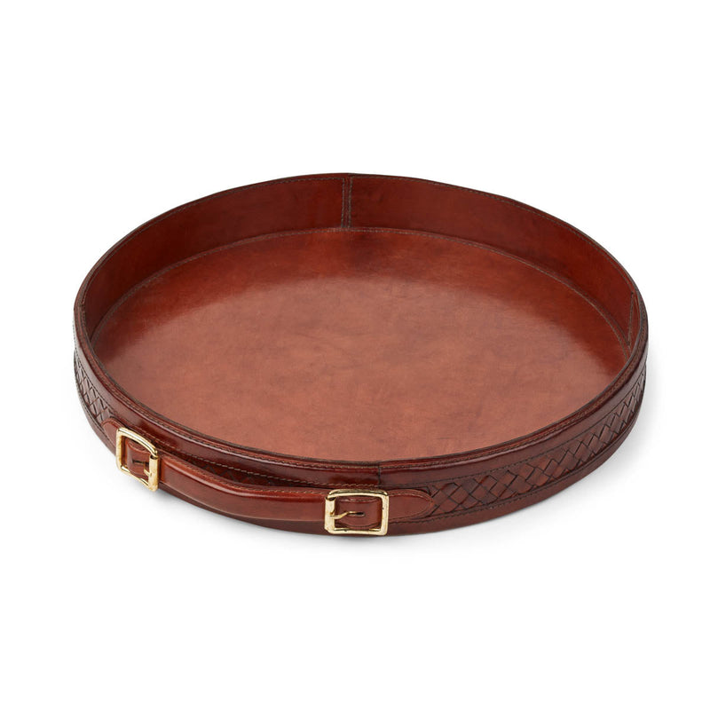 NC Living Tray w/Handle of Premium Quality Calf Leather. Size D42 CM | Round Tray Kamelbrun